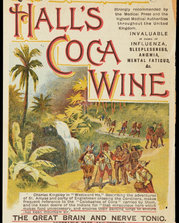 Advert for Hall's Coca wine: romanticised coloured drawing of conquistadors in South America. Text explains that the wine is 'the great brain and nerve tonic' and is 'invaluable for influenza, sleeplessness, anaemia, mental fatigue, etc.'