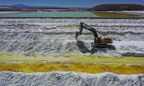 An aerial view of brine ponds and processing areas of a lithium mine in the Atacama desert, Calama, Chile.