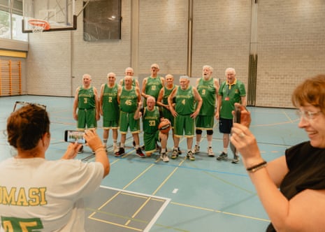 The Australia Men’s Over 80 basketball team poses for a group photo in Bellinzona, Switzerland, on 2 July 2025