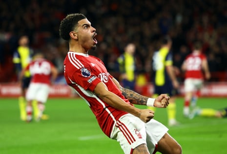 Nottingham Forest's Morgan Gibbs-White celebrates after Chris Wood scores their second goal against Bournemouth.