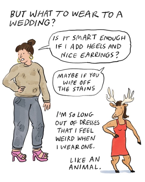 A series of cartoon images of a scruffy woman trying to find something to wear for a wedding, panel 3