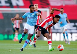 Manchester City’s Raheem Sterling vies for the ball against Southampton’s Kyle Walker-Peters.