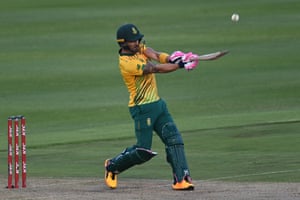 Faf du Plessis hits a six.