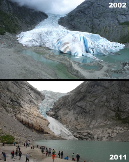 Photos showing the dramatic retreat of the Briksdal Glacier in Olden, Norway, comparing 2002 with 2011.