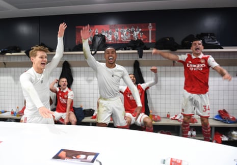 Martin Ødegaard, Gabriel and Granit Xhaka celebrate Arsenal’s win at Tottenham, which opened up an eight-point gap over Manchester City