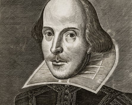 Engraved portrait of William Shakespeare, balding with a moustache and lace collar