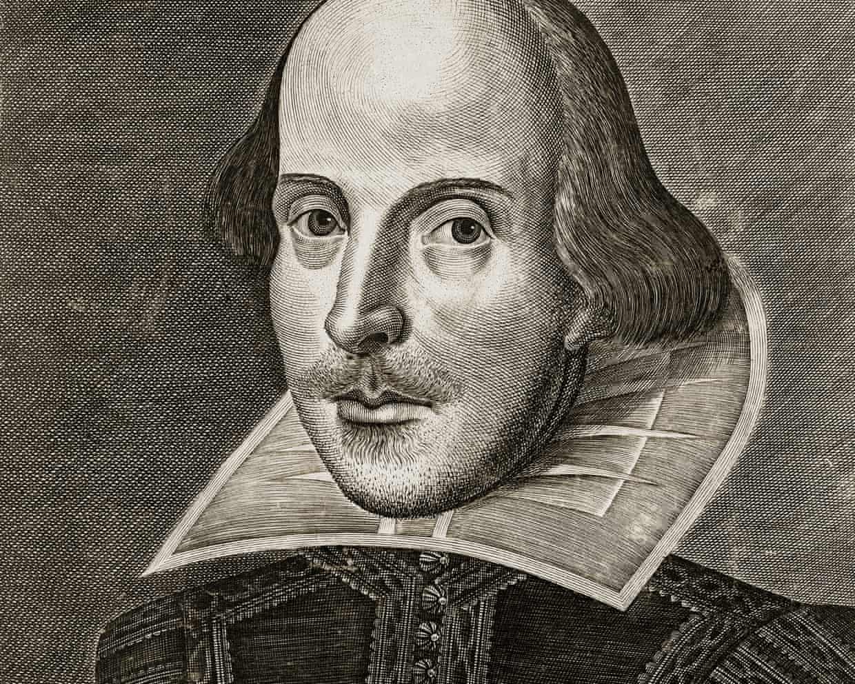 Engraved portrait of William Shakespeare, balding with a moustache and lace collar