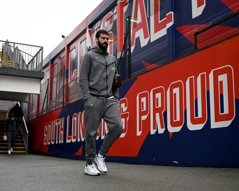 Liverpool goalkeeper Alisson arriving at Crystal Palace's Selhurst Park
