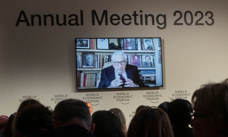 Former U.S. diplomat Henry Kissinger delivering a video address to the participants of the World Economic Forum today