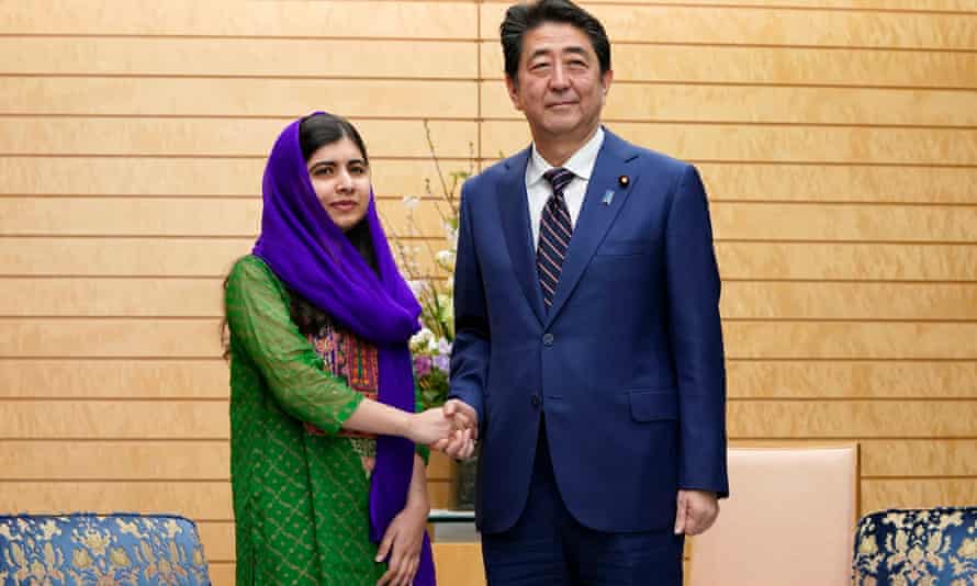 Nobel peace prize laureate Malala Yousafzai with Japan’s prime minister Shinzō Abe