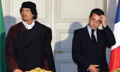 Nicolas Sarkozy, right, has been accused of seeking financing from the regime of then Libyan leaderMuammar Gaddafi, left.