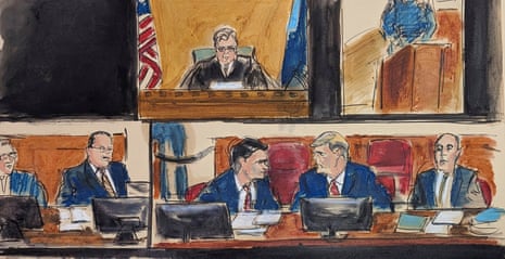 drawings of different figures in the courtroom