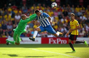 Heurelho Gomes of Watford punches before Anthony Knockaert of Brighton can get his head to the ball during the goalless draw at Vicarage Road.
