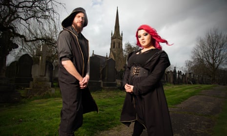 Mark Mynett of the Plague of Angels and vocalist and Anabelle Iratni at a cemetery in Greater Manchester