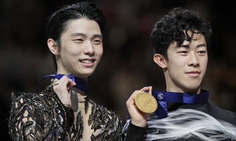 Yuzuru Hanyu and Nathan Chen with their silver and gold medals at this month’s World Championships