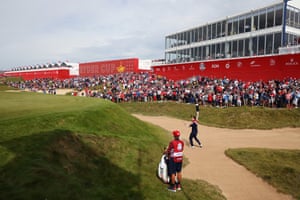Patrick Cantlay of team United States plays his third shot on the first hole.