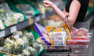 A woman shopper with a basket of meat and fruit