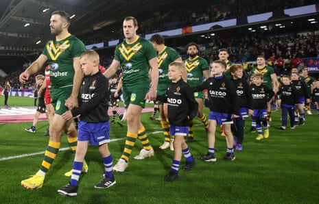 Australia’s captain James Tedesco leads his players out onto the pitch ahead of their Rugby League World Cup quarter-final match against Lebanon.