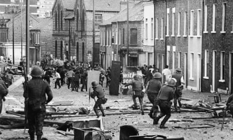 British soldiers confront republican protesters in Belfast in 1971. 