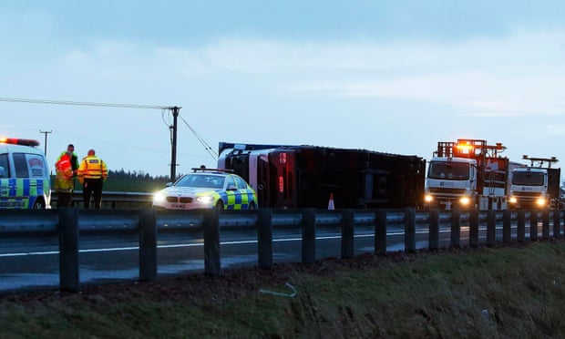 A loory overturned in high winds on the M74 near Kirkmuirhill, South Lanarkshire