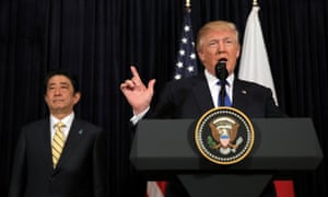 Donald Trump delivers remarks on North Korea accompanied by the Japanese prime minister, Shinzo Abe.