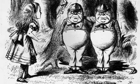 Alice meeting Tweedledum and Tweedledee, in Lewis Carroll’s children’s novel ‘Alice Through The Looking-Glass’. Illustration by J Tenniel.