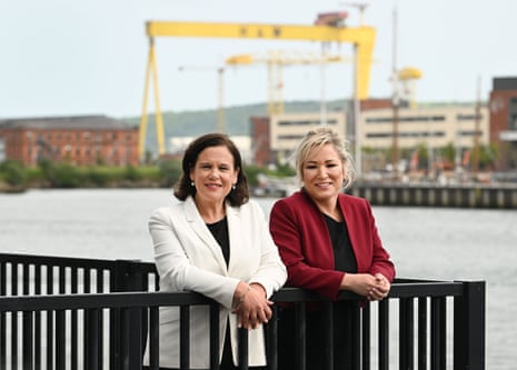 Michelle O’Neill (right) and Mary Lou McDonald, the Sinn Féin president, holding a photocall today after their party’s victory in the local elections.