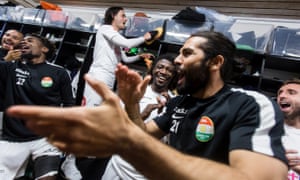 Peshraw Azizi, second right, leads the celebration in the dressing room after the 2-1 win over Örgryte in August 2017.