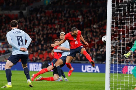 Dominic Calvert-Lewin has a chance for England during the international friendly match between England and Uruguay at Wembley Stadium on March 27, 2026 in London, England. (Photo by Tom Jenkins)