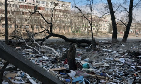 Debris from a destroyed building in Chernihiv, Ukraine, on 27 March