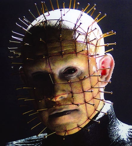 Doug Bradley as the Cenobite Pinhead in Hellraiser wears a mask simulating needles sticking out of his head