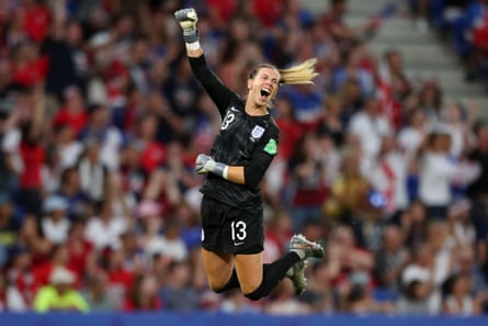 Carly Telford of England celebrates after her team’s first goal in their semi final match against USA at Stade de Lyon.
