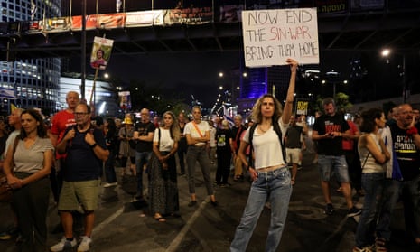 Families and supporters of hostages kidnapped during the 7 October 2023 Hamas attack on Israel demand a hostage deal and ceasefire in Tel Aviv after news of Yahya Sinwar’s death.