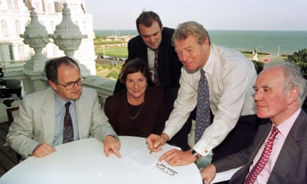 Ed Davey (centre) at a Lib Dems speech with Paddy Ashdown (second right), in 1997.