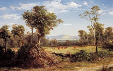 A painting of big gum surrounding a meadow where cattle are standing, with a mountain in the backdrop