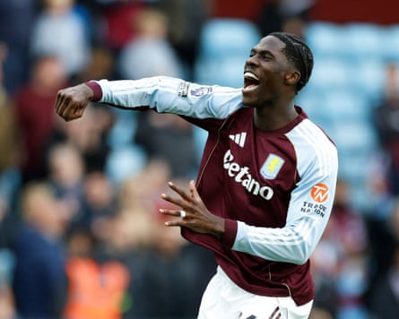 Aston Villa’s Amadou Onana punches the air in celebration after the Premier League match between Aston Villa and Burnley