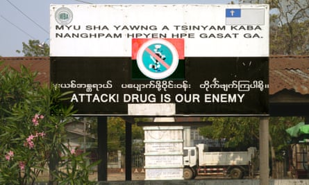 A sign put up by the ethnic Kachin anti-drug vigilante movement Pat Jasan is seen in northern Myanmar’s Kachin state.