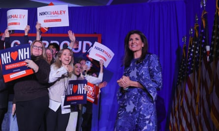 Nikki Haley attends her primary election night rally in Concord, New Hampshire, on 23 January.