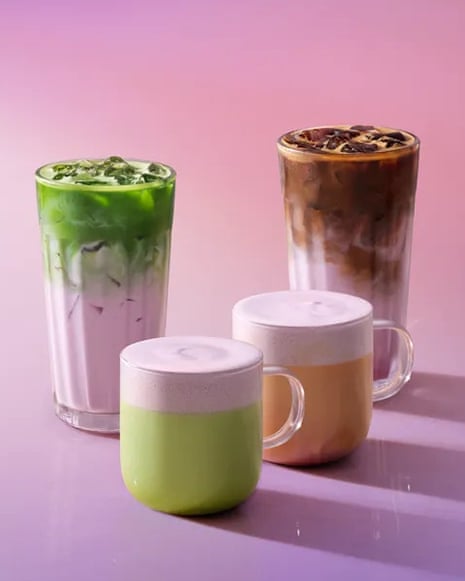 A selection of four purple-tinged coffee and matcha drinks