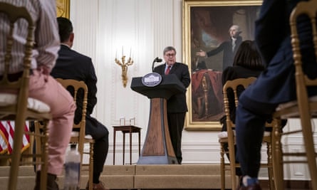 William Barr delivers remarks on the operation in the East Room of White House on Wednesday.