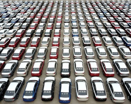 Cars for export lined up for export at the port in Lianyungang, Jiangsu province, China.