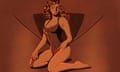 A graphic illustration in sepia tones of a light-skinned woman with long, dark hair, kneeling in a sexually suggestive manner wearing a bathing suit.