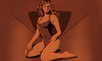 A graphic illustration in sepia tones of a light-skinned woman with long, dark hair, kneeling in a sexually suggestive manner wearing a bathing suit.