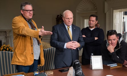 Adam McKay (left) directs Christian Bale as Dick Cheney on the set of Vice