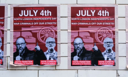 Election posters promoting Corbyn and another independent candidate, Andrew Feinstein, who is standing against Keir Starmer in the neighbouring constituency of Holborn and St Pancras.