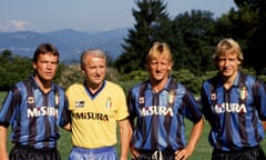 AS Photo Archive<br>Lotar Matthaus, Giovanni Trapattoni head coach, Andreas Brehme and Jurgen Klinsmann of FC Internazionale pose for photo during the Serie A 1989-90, Italy. (Photo by Alessandro Sabattini/Getty Images)