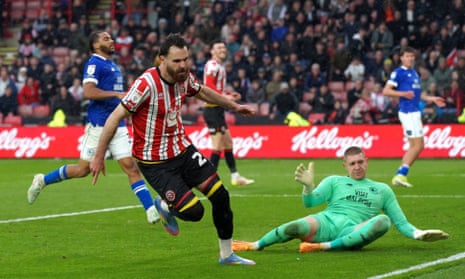 Ben Brereton Díaz scores Sheffield United’s second goal against Cardiff.