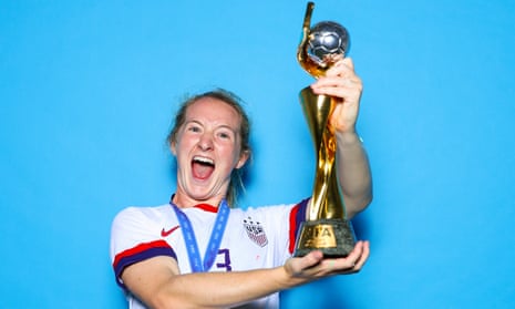 Sam Mewis holds the Women’s World Cup after the US victory in France in 2019