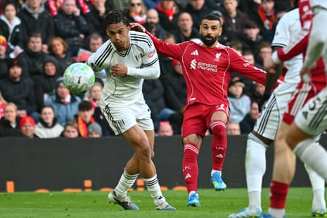 Mohamed Salah watches as his shot beats Fulham's goalkeeper Bernd Leno for their second goal.