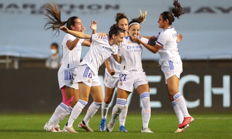 Real Madrid’s Kosovare Allani and teammates celebrate victory against Manchester City.
